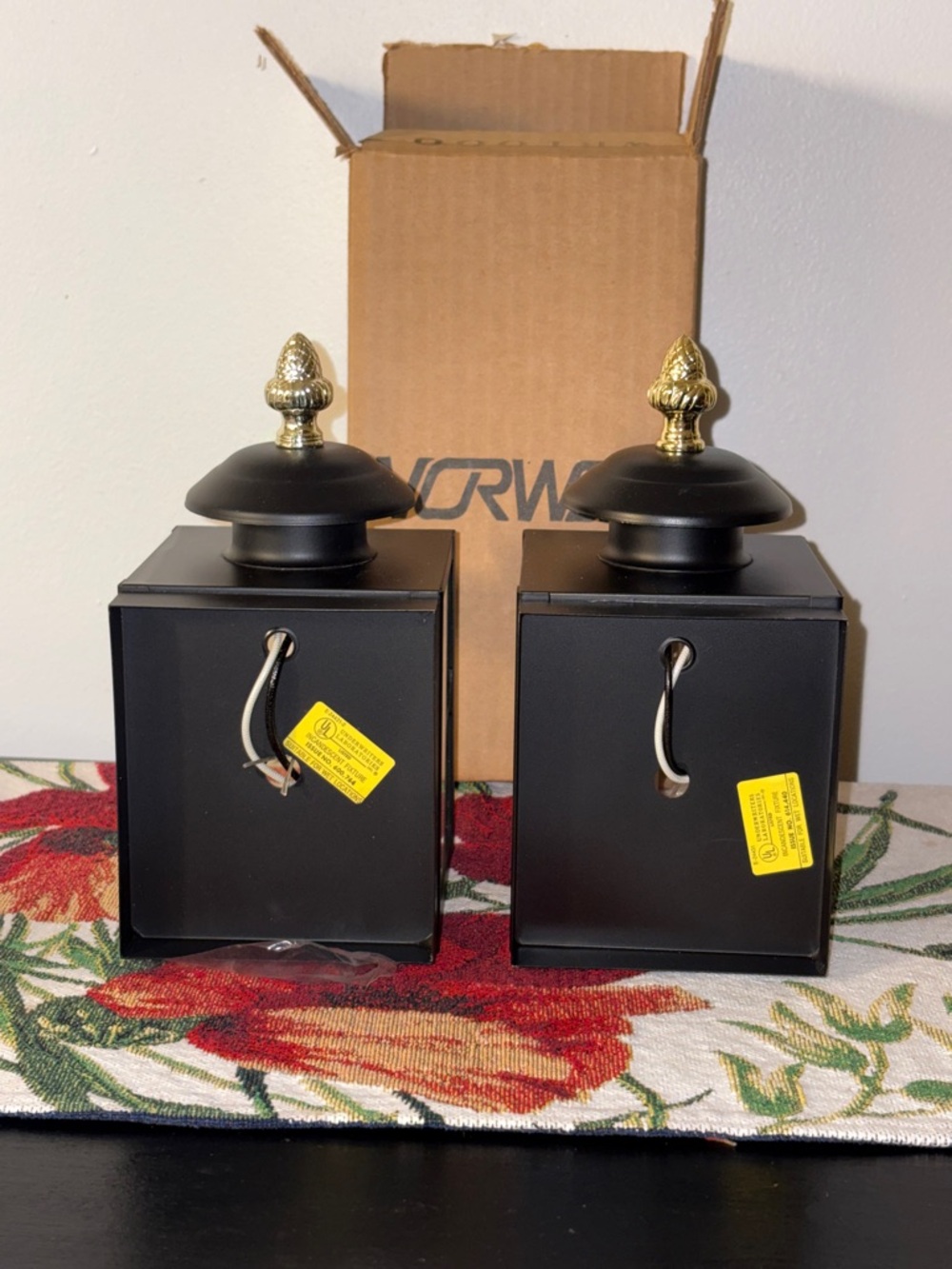Pair of Black Outdoor Lantern Wall Sconces Lights with Gold Finials Norwell - Picture 3 of 11